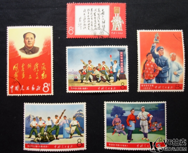 Lot95-177: 文11 風雷，海港，紅燈記，白虎團，沙家浜各一枚 蓋戳 后膠微黃 中上品